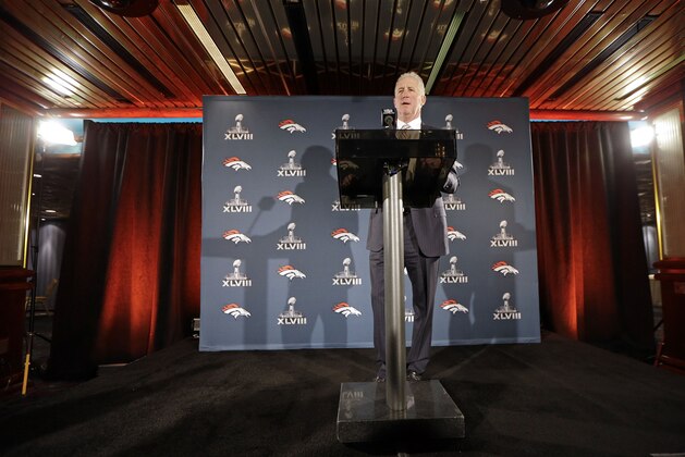 Denver Broncos head coach John Fox talks with reporters during a news conference Sunday, Jan. 26, 2014, in Jersey City, N.J. The Broncos are scheduled to play the Seattle Seahawks in the NFL Super Bowl XLVIII football game Sunday, Feb. 2, in East Rutherford, N.J. (AP Photo/Mark Humphrey)