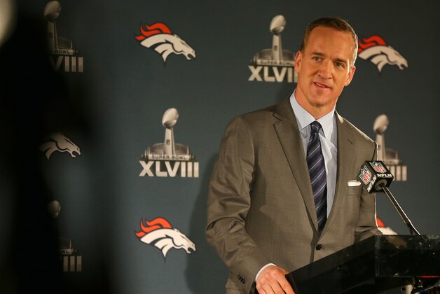 JERSEY CITY, NJ - JANUARY 26:  Starting quarterback Peyton Manning of the Denver Broncos addresses the media on January 26, 2014 in Jersey City, New Jersey.  (Photo by Elsa/Getty Images)