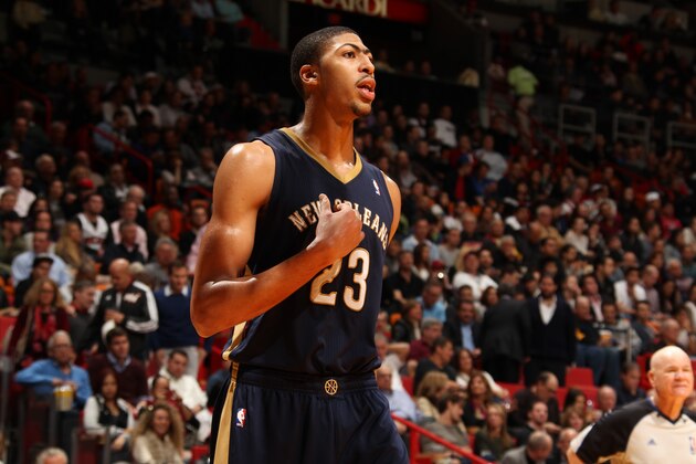 MIAMI, FL - JANUARY 7: Anthony Davis #23 of the New Orleans Pelicans looks on against the Miami Heat at the American Airlines Arena in Miami, Florida on Jan. 7, 2014. NOTE TO USER: User expressly acknowledges and agrees that, by downloading and/or using this photograph, user is consenting to the terms and conditions of the Getty Images License Agreement. Mandatory copyright notice: Copyright NBAE 2014 (Photo by Issac Baldizon/NBAE via Getty Images)