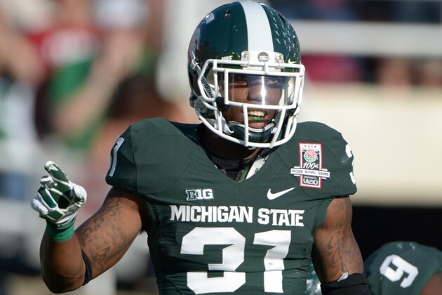Jan 1, 2014; Pasadena, CA, USA; Michigan State Spartans cornerack Darqueze Dennard (31) reacts during the 100th Rose Bowl against the Stanford Cardinal. Mandatory Credit: Kirby Lee-USA TODAY Sports