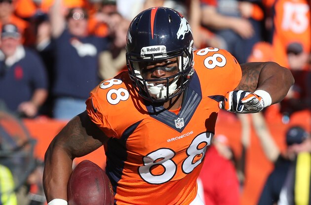 Jan 19, 2014; Denver, CO, USA; Denver Broncos receiver Demaryius Thomas (88) runs after a reception in the first half during the 2013 AFC Championship game at Sports Authority Field against the New England Patriots at Mile High. Mandatory Credit: Matthew Emmons-USA TODAY Sports