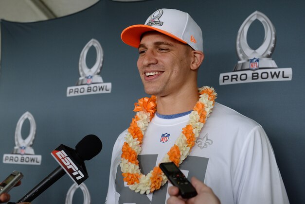 January 22, 2014; Ko'Olina, HI, USA; Team Rice tight end Jimmy Graham from New Orleans Saints addresses the media during the Pro Bowl draft at J.W. Marriott Ihilani Resort & Spa. Mandatory Credit: Kyle Terada-USA TODAY Sports January 22, 2014; Ko'Olina, HI, USA; Team Rice tight end Jimmy Graham from New Orleans Saints addresses the media during the Pro Bowl draft at J.W. Marriott Ihilani Resort & Spa. Mandatory Credit: Kyle Terada-USA TODAY Sports