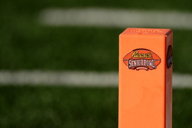 Jan 25, 2014; Mobile, AL, USA; General view of the end zone pylon during the first quarter of the South squad and North squad in the Senior Bowl at Ladd-Peebles Stadium. Mandatory Credit: John David Mercer-USA TODAY Sports
