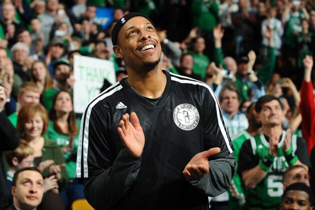 BOSTON, MA - JANUARY 26: Paul Pierce #34 of the Brooklyn Nets looks up at the video tribute during a time out against the Boston Celtics on January 26, 2014 at the TD Garden in Boston, Massachusetts.  NOTE TO USER: User expressly acknowledges and agrees that, by downloading and or using this photograph, User is consenting to the terms and conditions of the Getty Images License Agreement. Mandatory Copyright Notice: Copyright 2014 NBAE  (Photo by Steve Babineau/NBAE via Getty Images)