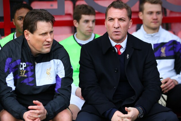 BOURNEMOUTH, ENGLAND - JANUARY 25: Assistant Colin Pascoe and Manager Brendan Rodgers of Liverpool look on  during the FA Cup Fourth Round match between Bournemouth and Liverpool at Goldsands Stadium on January 25, 2014 in Bournemouth, England.  (Photo by Ian Walton/Getty Images)
