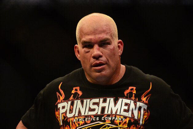 Jul. 7, 2012; Las Vegas, NV, USA; UFC fighter Tito Ortiz reacts following his loss in a light heavyweight bout in UFC 148 at the MGM Grand Garden Arena. Ortiz retired following the fight. Mandatory Credit: Mark J. Rebilas-USA TODAY Sports