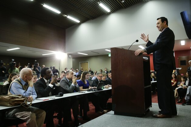 New Southern California football head coach Steve Sarkisian speaks during a news conference on Tuesday, Dec. 3, 2013, in Los Angeles. USC hired Sarkisian away from Washington on Monday, bringing back the former Trojans offensive coordinator to his native Los Angeles area and the storied program where he thrived as Pete Carroll's assistant. (AP Photo/Jae C. Hong)