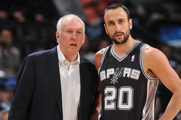 DENVER, CO - NOVEMBER 5: Head Coach Gregg Popovich and Manu Ginobili #20 of the San Antonio Spurs talk things over against the Denver Nuggets on November 5, 2013 at the Pepsi Center in Denver, Colorado. NOTE TO USER: User expressly acknowledges and agrees that, by downloading and/or using this Photograph, user is consenting to the terms and conditions of the Getty Images License Agreement. Mandatory Copyright Notice: Copyright 2013 NBAE (Photo by Garrett W. Ellwood/NBAE via Getty Images)