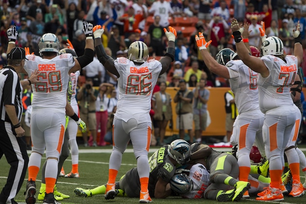 Team Rice celebrates after Carolina Panthers fullback Mike Tolbert (35), of Team Rice, made a 2-point conversion during the fourth quarter at the NFL Pro Bowl football game at Aloha Stadium, Sunday. Jan. 26, 2014, in Honolulu. Team Rice won the game 22-21 over Team Sanders. (AP Photo/Marco Garcia)