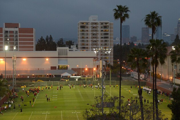 Mar 5, 2013; Los Angeles, CA, USA; General view of Southern California Trojans spring practice at Howard Jones Field and the downtown Los Angeles skyline. Mandatory Credit: Kirby Lee-USA TODAY Sports