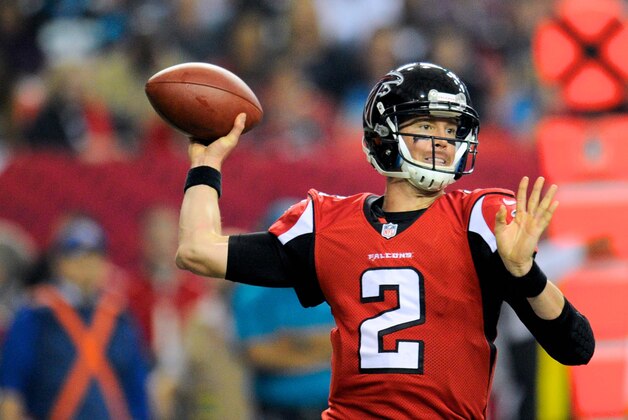 Dec 29, 2013; Atlanta, GA, USA; Atlanta Falcons quarterback Matt Ryan (2) passes the ball against the Carolina Panthers during the second quarter at the Georgia Dome. Mandatory Credit: Dale Zanine-USA TODAY Sports