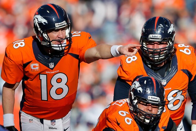DENVER, CO - JANUARY 19:   Peyton Manning #18 of the Denver Broncos calls a play against the New England Patriots during the AFC Championship game at Sports Authority Field at Mile High on January 19, 2014 in Denver, Colorado.  (Photo by Kevin C. Cox/Getty Images)