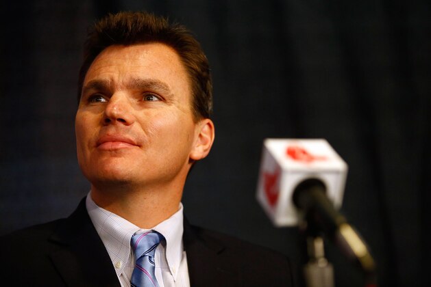 BOSTON, MA - OCTOBER 23:  Executive Vice President and General Manager of the Boston Red Sox, Ben Cherington, listens after introducing John Farrell as the new manager, the 46th manager in the club's 112-year history, on October 23, 2012 at Fenway Park in Boston, Massachusetts.  (Photo by Jared Wickerham/Getty Images)