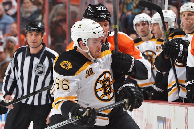 PHILADELPHIA, PA - JANUARY 25: Kevan Miller #86 of the Boston Bruins checks Jay Rosehill #37 of the Philadelphia Flyers at the Wells Fargo Center on January 25, 2014 in Philadelphia, Pennsylvania. (Photo by Drew Hallowell/Getty Images) PHILADELPHIA, PA - JANUARY 25: Kevan Miller #86 of the Boston Bruins checks Jay Rosehill #37 of the Philadelphia Flyers at the Wells Fargo Center on January 25, 2014 in Philadelphia, Pennsylvania. (Photo by Drew Hallowell/Getty Images)