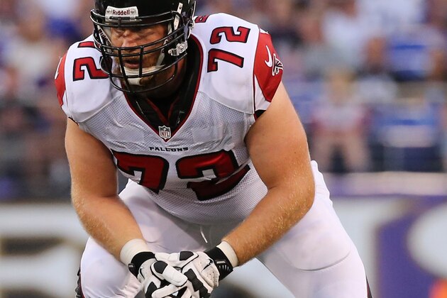 BALTIMORE, MD - AUGUST 15:  Tackle Sam Baker #72 of the Atlanta Falcons lines up during a preseason game against the Baltimore Ravens at M&T Bank Stadium on August 15, 2013 in Baltimore, Maryland.  (Photo by Rob Carr/Getty Images)