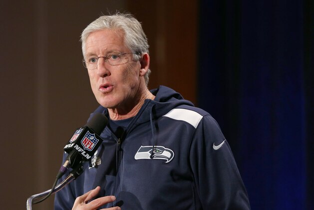 JERSEY CITY, NJ - JANUARY 27:  Head coach Pete Carroll of the Seattle Seahawks addresses the media during Super Bowl XLVIII media availability at the Westin Hotel January 27, 2014 in Jersey City, New Jersey. The Denver Broncos and Seattle Seahawks will meet in Super Bowl XLVIII at Metlife Stadium on February 2, 2014.  (Photo by Elsa/Getty Images)