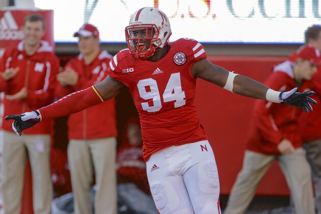 Nebraska defensive end Avery Moss (94) celebrates an interception and touchdown in the second half of an NCAA college football game against Northwestern in Lincoln, Neb., Saturday, Nov. 2, 2013. Nebraska won 27-24. (AP Photo/Nati Harnik)