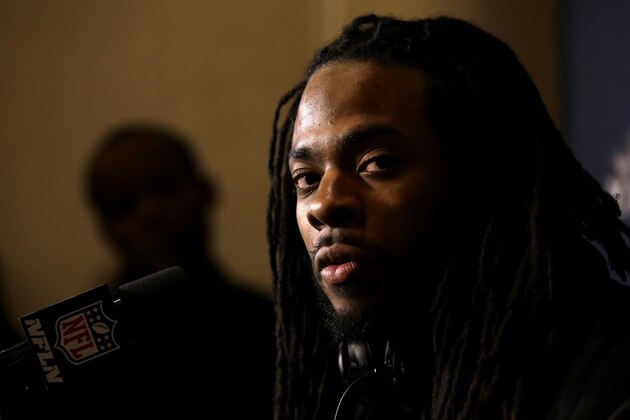 Seattle Seahawks cornerback Richard Sherman speaks during a news conference Sunday, Jan. 26, 2014, in Jersey City, N.J. The Seahawks and the Denver Broncos are scheduled to play in the Super Bowl XLVIII football game Sunday, Feb. 2, 2014. (AP Photo/Jeff Roberson)