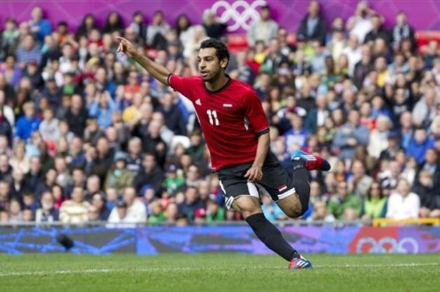 Egypt's Mohamed Salah celebrates his goal against New Zealand during their group C men's soccer match at the 2012 London Summer Olympics, Sunday, July 29, 2012 at Old Trafford Stadium in Manchester, England. (AP Photo/Jon Super)