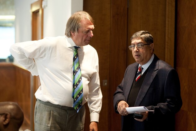 LONDON, ENGLAND - OCTOBER 18: India's N Srinivasan chats to Giles Clarke during the ICC Board Meeting at The Royal Garden Hotel on October 18, 2013 in London, England. (Photo by Charlie Crowhurst/Getty Images) LONDON, ENGLAND - OCTOBER 18: India's N Srinivasan chats to Giles Clarke during the ICC Board Meeting at The Royal Garden Hotel on October 18, 2013 in London, England. (Photo by Charlie Crowhurst/Getty Images)