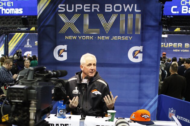 NEWARK, NJ - JANUARY 28:  Head coach John Fox of the Denver Broncos speaks to the media during Super Bowl XLVIII Media Day at the Prudential Center on January 28, 2014 in Newark, New Jersey.  Super Bowl XLVIII will be played between the Seattle Seahawks and the Denver Broncos on February 2.  (Photo by Cliff Hawkins/Getty Images)