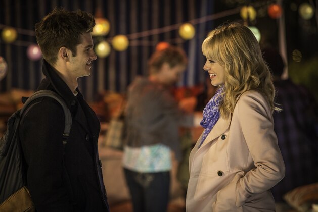 This image released by Columbia Pictures shows Andrew Garfield, left, and Emma Stone star in a scene from
