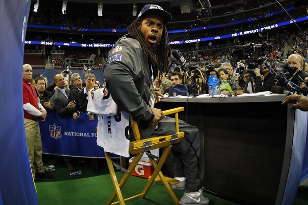 Jan 28, 2014; Newark, NJ, USA; Seattle Seahawks cornerback Richard Sherman (25) speaks to the media during Media Day for Super Bowl XLVIII at Prudential Center. Mandatory Credit: Adam Hunger-USA TODAY Sports