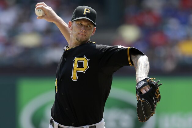 Pittsburgh Pirates starting pitcher A.J. Burnett works against the Texas Rangers in the first inning of a baseball game, Wednesday, Sept. 11, 2013, in Arlington, Texas. (AP Photo/Tony Gutierrez)