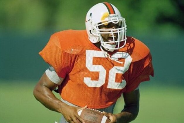 Miami Hurricanes middle linebacker Ray Lewis runs with the ball during practice at the University of Miami in Coral Gables, Forida Tuesday, Sept. 21, 1993. When the third-ranked Hurricanes play at Colorado State Saturday, Lewis will become the first freshman to start for Miami since safety Daryl Williams in 1989. (AP Photo/Lynne Sladky)