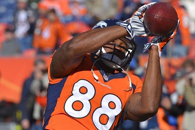 Denver Broncos wide receiver Demaryius Thomas (88) catches a pass during warmups before playing against the San Diego Chargers in an NFL AFC division playoff football game, Sunday, Jan. 12, 2014, in Denver. (AP Photo/Jack Dempsey)