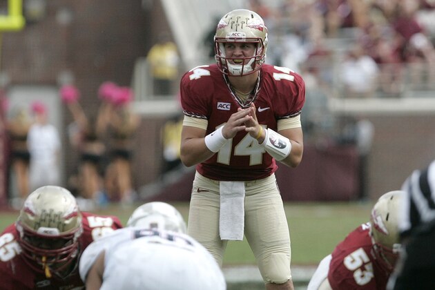 Florida State's Jacob Coker calls signals against Maryland's defense in the fourth quarter of an NCAA college football game on Saturday, Oct. 5, 2013, in Tallahassee, Fla. Florida State shut out the 25th ranked Maryland team 63-0. (AP Photo/Steve Cannon)