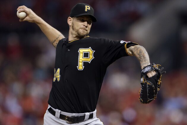 Pittsburgh Pirates starting pitcher A.J. Burnett throws during the first inning of a baseball game against the St. Louis Cardinals on Friday, Sept. 6, 2013, in St. Louis. (AP Photo/Jeff Roberson)