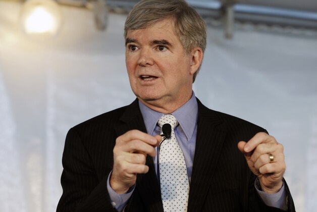 NCAA president Mark Emmert speaks during a luncheon fundraiser for the A PLUS youth program, which uses academics and athletics to support and motivate young people, Thursday, April 25, 2013, in Seattle. (AP Photo/Ted S. Warren)