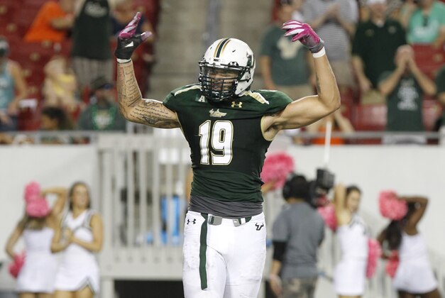 Oct 5, 2013; Tampa, FL, USA; South Florida Bulls defensive lineman Aaron Lynch (19) get the  crowd pumped up during the second half against the Cincinnati Bearcats at Raymond James Stadium. South Florida Bulls defeated the Cincinnati Bearcats 26-20. Mandatory Credit: Kim Klement-USA TODAY Sports