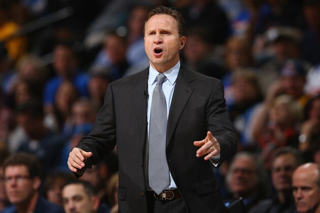 DENVER, CO - JANUARY 09:  Head coach Scott Brooks of the Oklahoma City Thunder leads his team against the Denver Nuggets at Pepsi Center on January 9, 2014 in Denver, Colorado. NOTE TO USER: User expressly acknowledges and agrees that, by downloading and or using this photograph, User is consenting to the terms and conditions of the Getty Images License Agreement.  (Photo by Doug Pensinger/Getty Images)