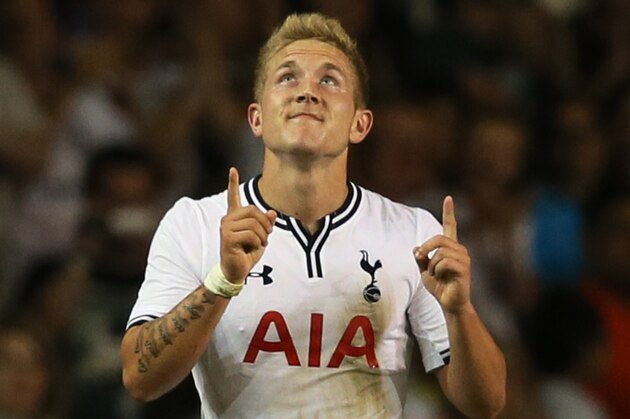 Tottenham Hotspur's Lewis Holtby celebrates his goal against Dinamo Tbilisi during their Europa League play-off soccer match at Tottenham's White Hart Lane stadium in London, Thursday, Aug. 29, 2013.  (AP Photo/Alastair Grant)
