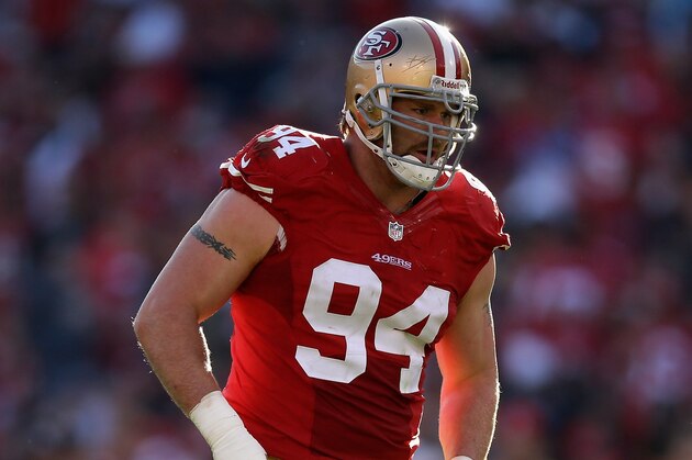SAN FRANCISCO, CA - NOVEMBER 10:  Justin Smith #94 of the San Francisco 49ers in action during their game against the Carolina Panthers at Candlestick Park on November 10, 2013 in San Francisco, California.  (Photo by Ezra Shaw/Getty Images)