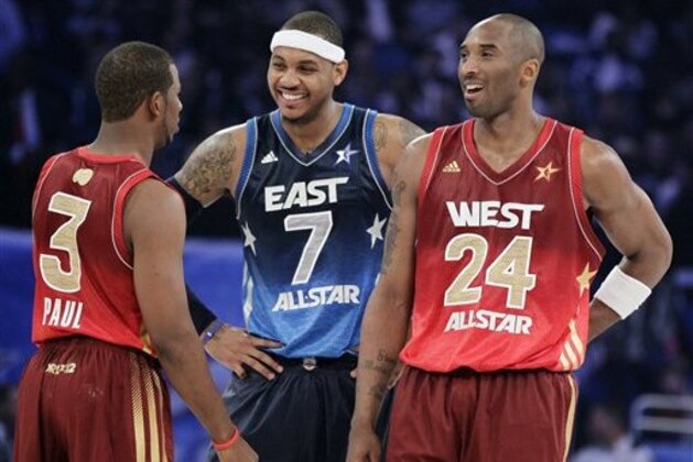 Western Conference's Chris Paul (3), of the Los Angeles Clippers, Eastern Conference's Carmelo Anthony (7), of the New York Knicks, and Western Conference's Kobe Bryant (24), of the Los Angeles Lakers, talk before the NBA All-Star basketball game, Sunday, Feb. 26, 2012, in Orlando, Fla. (AP Photo/Chris O'Meara) Western Conference's Chris Paul (3), of the Los Angeles Clippers, Eastern Conference's Carmelo Anthony (7), of the New York Knicks, and Western Conference's Kobe Bryant (24), of the Los Angeles Lakers, talk before the NBA All-Star basketball game, Sunday, Feb. 26, 2012, in Orlando, Fla. (AP Photo/Chris O'Meara)