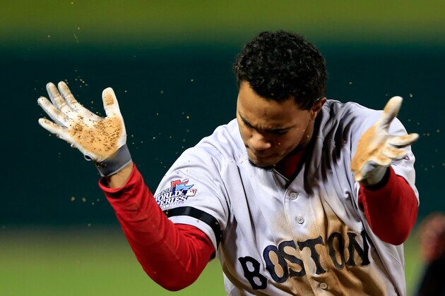 ST LOUIS, MO - OCTOBER 26:  Xander Bogaerts #72 of the Boston Red Sox reacts after hitting a tripple in the fifth inning against the St. Louis Cardinals during Game Three of the 2013 World Series at Busch Stadium on October 26, 2013 in St Louis, Missouri.  (Photo by Jamie Squire/Getty Images)