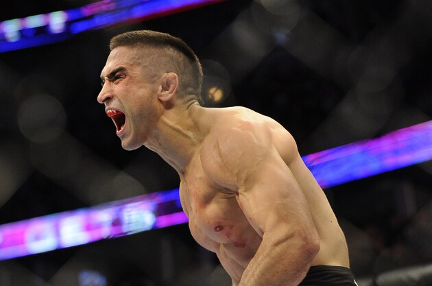 Jan 26, 2013; Chicago, IL, USA; Ricardo Lamas celebrates after defeating Erik Koch (not pictured) during UFC on FOX 6 at the United Center.  Mandatory Credit: David Banks-USA TODAY Sports