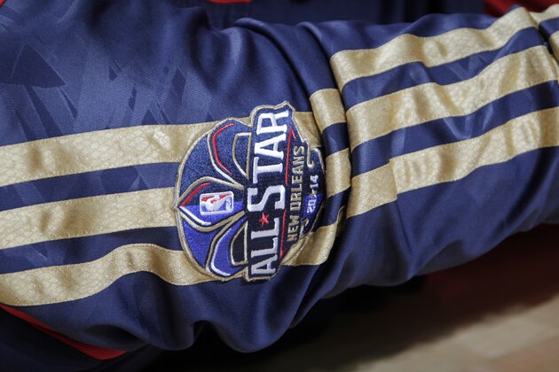 DALLAS, TX - OCTOBER 7:  A close up shot of the All-Star 2014 patch on the warm up pants of the New Orleans Pelicans during the game against the Dallas Mavericks on October 7, 2013 at the American Airlines Center in Dallas, Texas. NOTE TO USER: User expressly acknowledges and agrees that, by downloading and or using this photograph, User is consenting to the terms and conditions of the Getty Images License Agreement. Mandatory Copyright Notice: Copyright 2013 NBAE (Photo by Glenn James/NBAE via Getty Images)