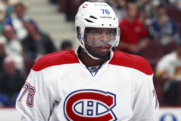 VANCOUVER, BC - OCTOBER 12:  P.K. Subban #76 of the Montreal Canadiens skates to the bench during their NHL game against the Vancouver Canucks at Rogers Arena on October 12, 2013 in Vancouver, British Columbia, Canada.  (Photo by Jeff Vinnick/NHLI via Getty Images)