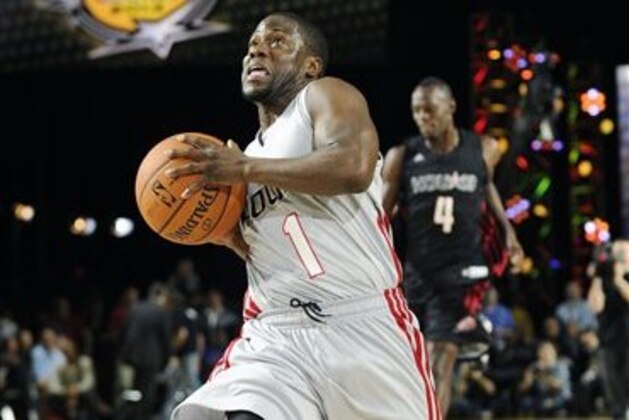 Comedian Kevin Hart (1) beats Olympic gold medalist Usain Bolt (4) to the basket in a race in the first quarter of the NBA All-Stars celebrity basketball game on Friday, Feb. 15, 2013, in Houston. (AP Photo/Pat Sullivan) Comedian Kevin Hart (1) beats Olympic gold medalist Usain Bolt (4) to the basket in a race in the first quarter of the NBA All-Stars celebrity basketball game on Friday, Feb. 15, 2013, in Houston. (AP Photo/Pat Sullivan)