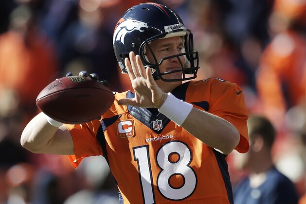 Denver Broncos quarterback Peyton Manning (18) warms up before the AFC Championship NFL playoff football game against New England Patriots in Denver, Sunday, Jan. 19, 2014. (AP Photo/Julie Jacobson) Denver Broncos quarterback Peyton Manning (18) warms up before the AFC Championship NFL playoff football game against New England Patriots in Denver, Sunday, Jan. 19, 2014. (AP Photo/Julie Jacobson)