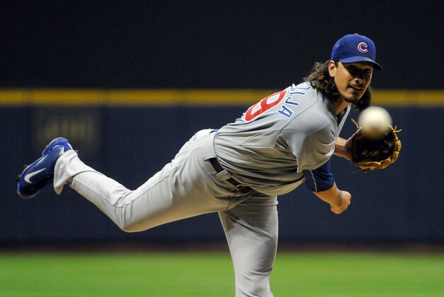 Sep 17, 2013; Milwaukee, WI, USA;   Chicago Cubs pitcher Jeff Samardzija pitches in the first inning against the Milwaukee Brewers at Miller Park. Mandatory Credit: Benny Sieu-USA TODAY Sports