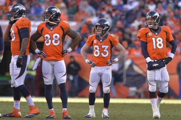 ADVANCE FOR WEEKEND EDITIONS, JAN. 25-26 - In this Jan. 12, 2014, file photo, Denver Broncos tight end Julius Thomas (80), wide receiver Demaryius Thomas (88), wide receiver Wes Welker (83) and quarterback Peyton Manning (18) wait as officials review a fumbled pass by Thomas during the second quarter against the San Diego Chargers in an AFC divisional NFL playoff football game in Denver.  No team in the 93-year history of the NFL ever had that many players catch at least 60 passes or reach the end zone 10 or more times until the Broncos put up a record 606 points. (AP Photo/Jack Dempsey, File)