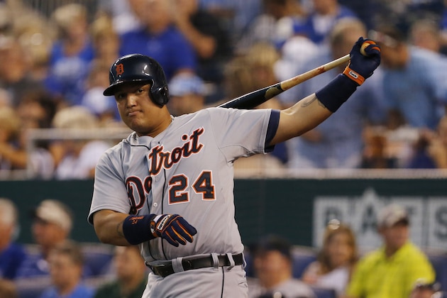 Detroit Tigers' Miguel Cabrera (24) during a baseball game against the Kansas City Royals at Kauffman Stadium in Kansas City, Mo., Friday, Sept. 6, 2013. (AP Photo/Orlin Wagner)