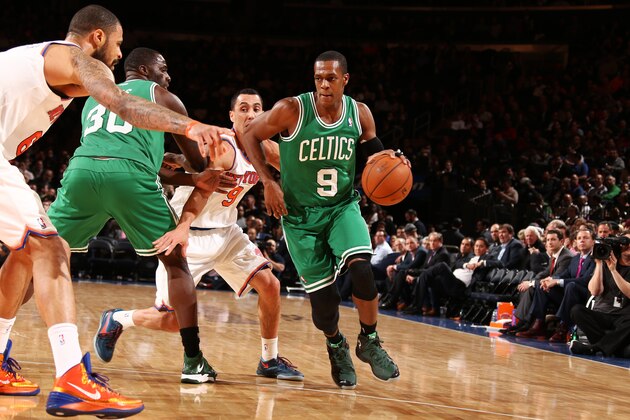 NEW YORK, NY - JANUARY 28: Rajon Rondo #9 of the Boston Celtics dribbles past Pablo Prigioni #9 of the New York Knicks during a game at Madison Square Garden in New York City on January 28, 2014.  NOTE TO USER: User expressly acknowledges and agrees that, by downloading and or using this photograph, User is consenting to the terms and conditions of the Getty Images License Agreement. Mandatory Copyright Notice: Copyright 2014 NBAE  (Photo by Nathaniel S. Butler/NBAE via Getty Images)