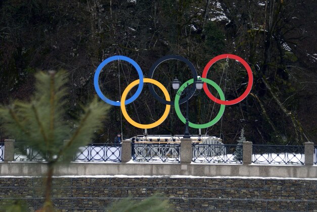 Jan 26, 2014; Krasnaya Polyana, RUS; A view of the Olympic rings along the roadway running through the Rosa Khutor area of the mountain cluster of the Sochi 2014 Winter Olympic Games. Mandatory Credit: RVR Photos-USA TODAY Sports