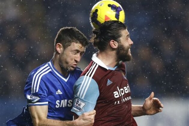 Chelsea's Gary Cahill, left, vies for the ball with West Ham's Andy Carroll during the English Premier League soccer match between Chelsea and West Ham United at Stamford Bridge stadium in London, Wednesday, Jan. 29, 2014. (AP Photo/Kirsty Wigglesworth)